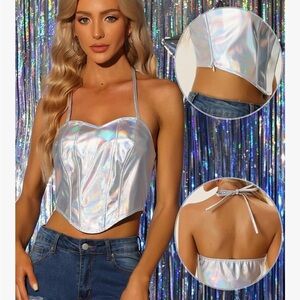 Allegra K Shimmering Silver Halter Crop Top